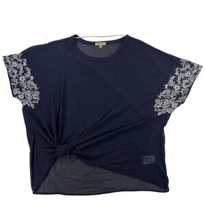 Democracy Navy Embroidered White Sleeve Tie Front Chiffon Top Large Womens